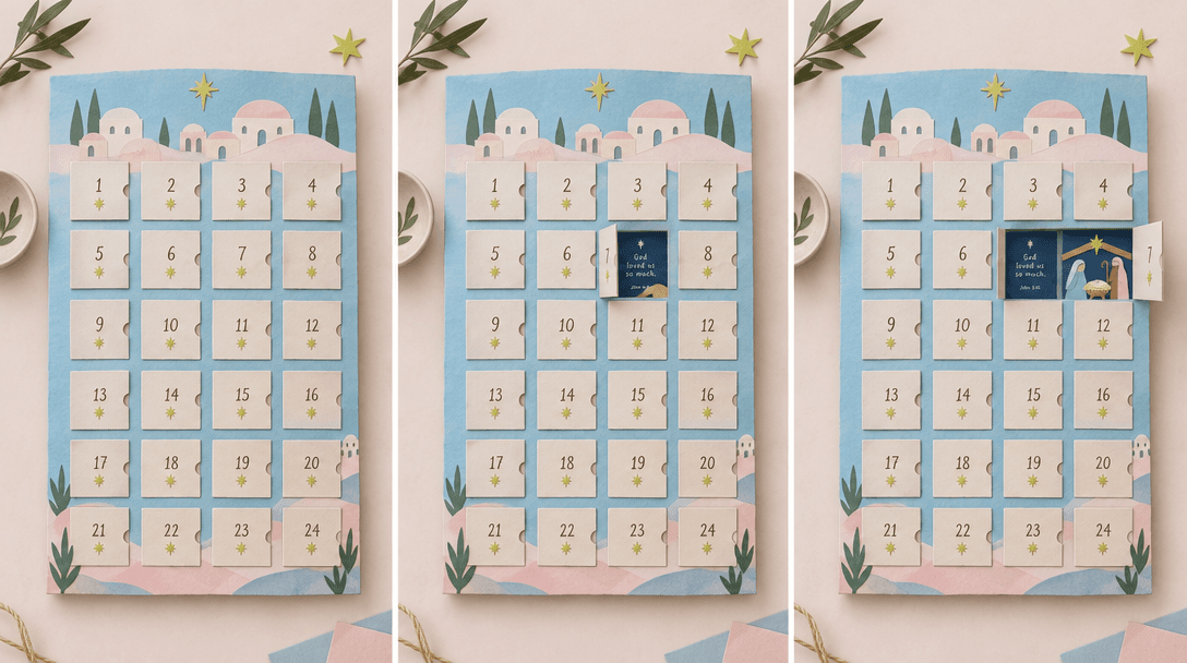 A paper Advent calendar with all its small doors closed